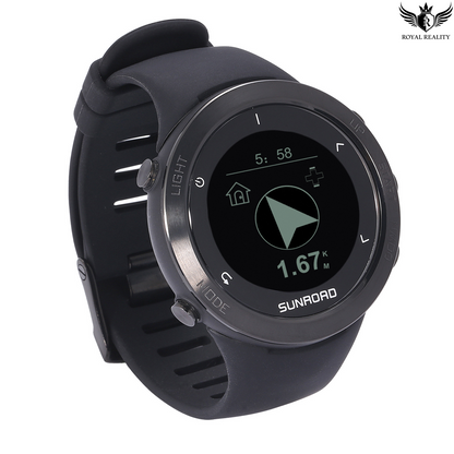 Black smartwatch with a digital display on a white background, featuring the brand 'Sunroad'.