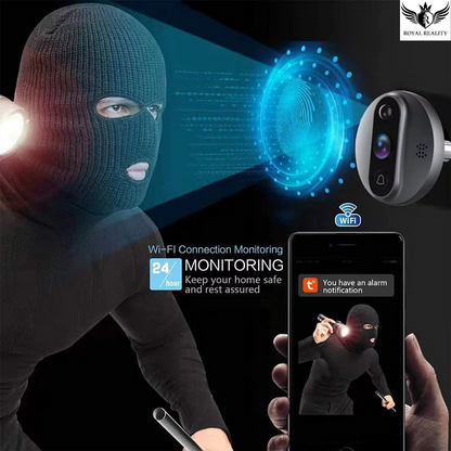Person wearing a balaclava with a security camera and smartphone displaying monitoring app on a dark background.