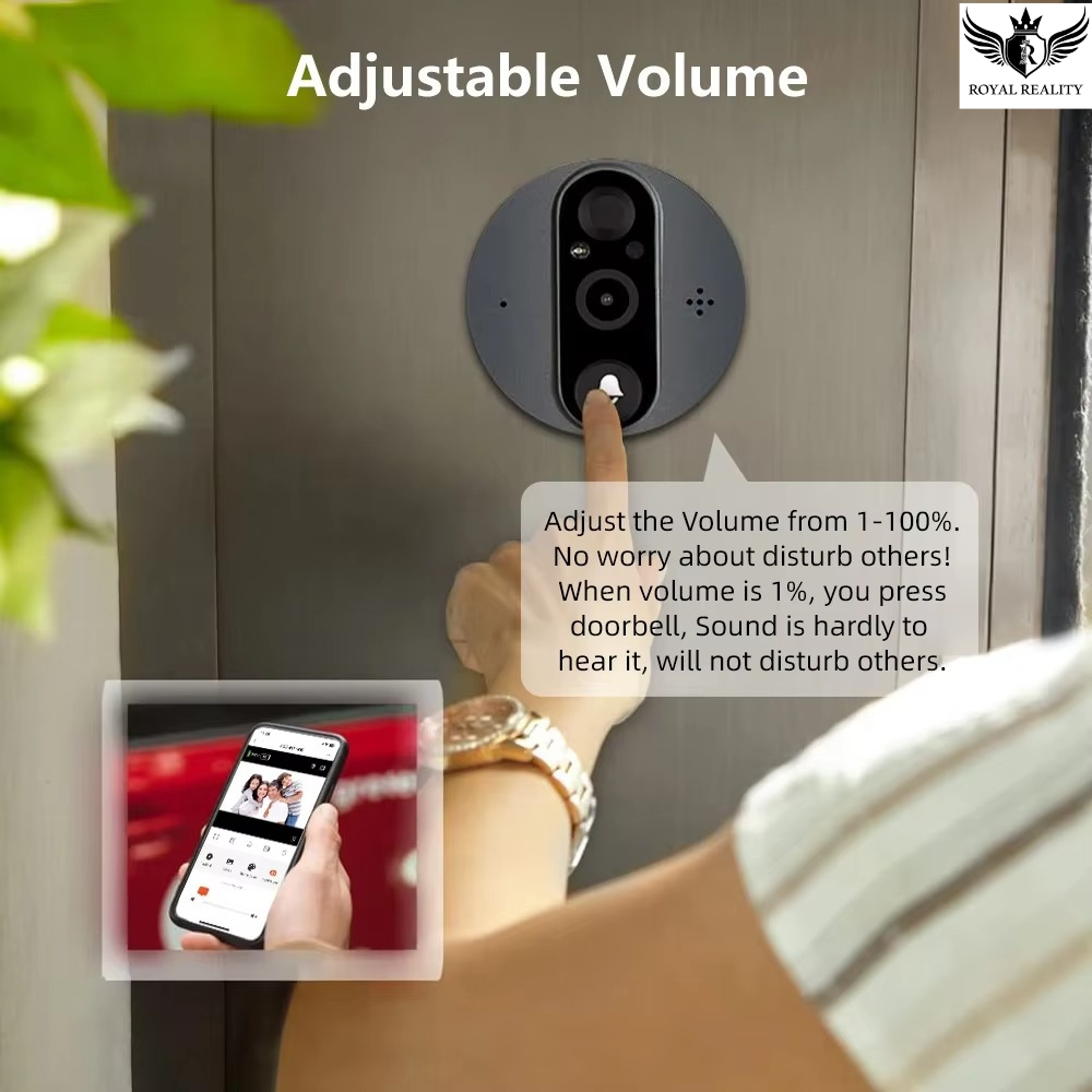 Smart doorbell with adjustable volume feature, shown on a door and with a smartphone app interface.