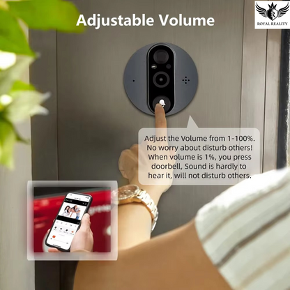 Smart doorbell with adjustable volume feature, shown on a door and with a smartphone app interface.