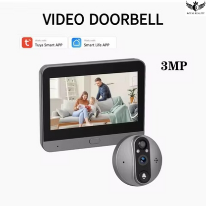 Video doorbell with screen displaying a family scene and camera on a white background.