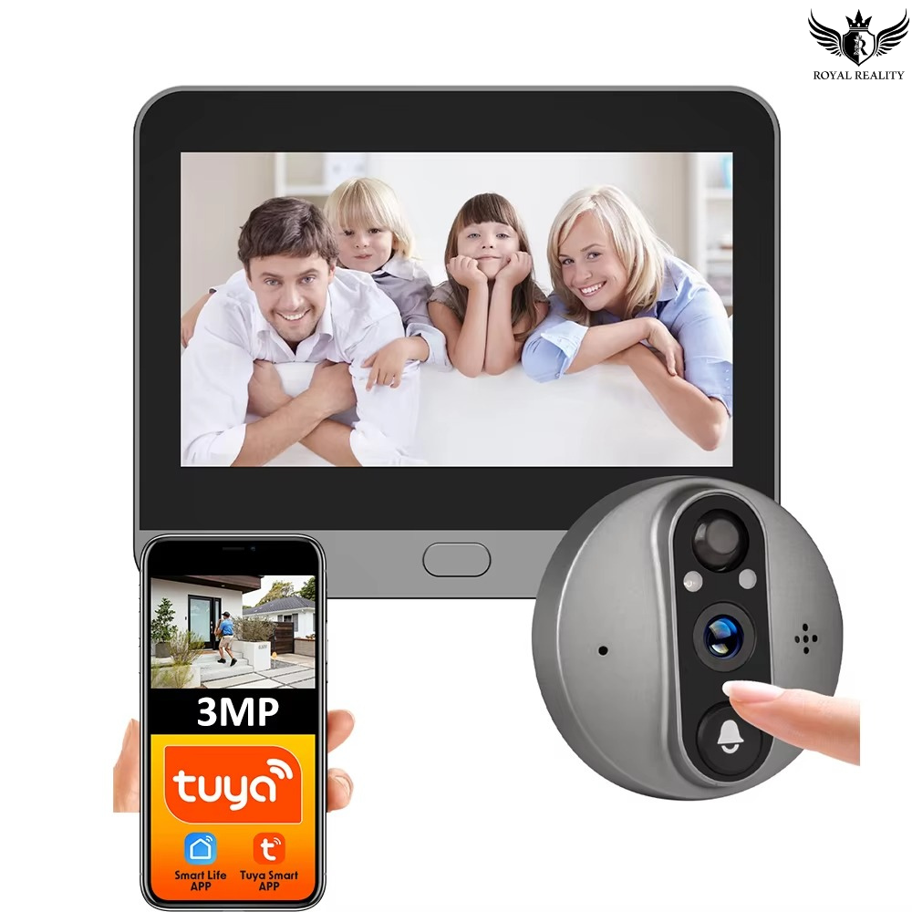 Smart doorbell system with screen displaying a family, smartphone showing app interface, and Tuya branding.
