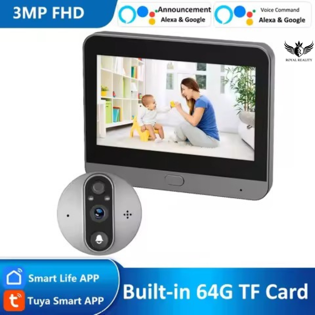Home security system with monitor and camera, featuring Alexa and Google Assistant, Smart Life, and Tuya Smart apps.