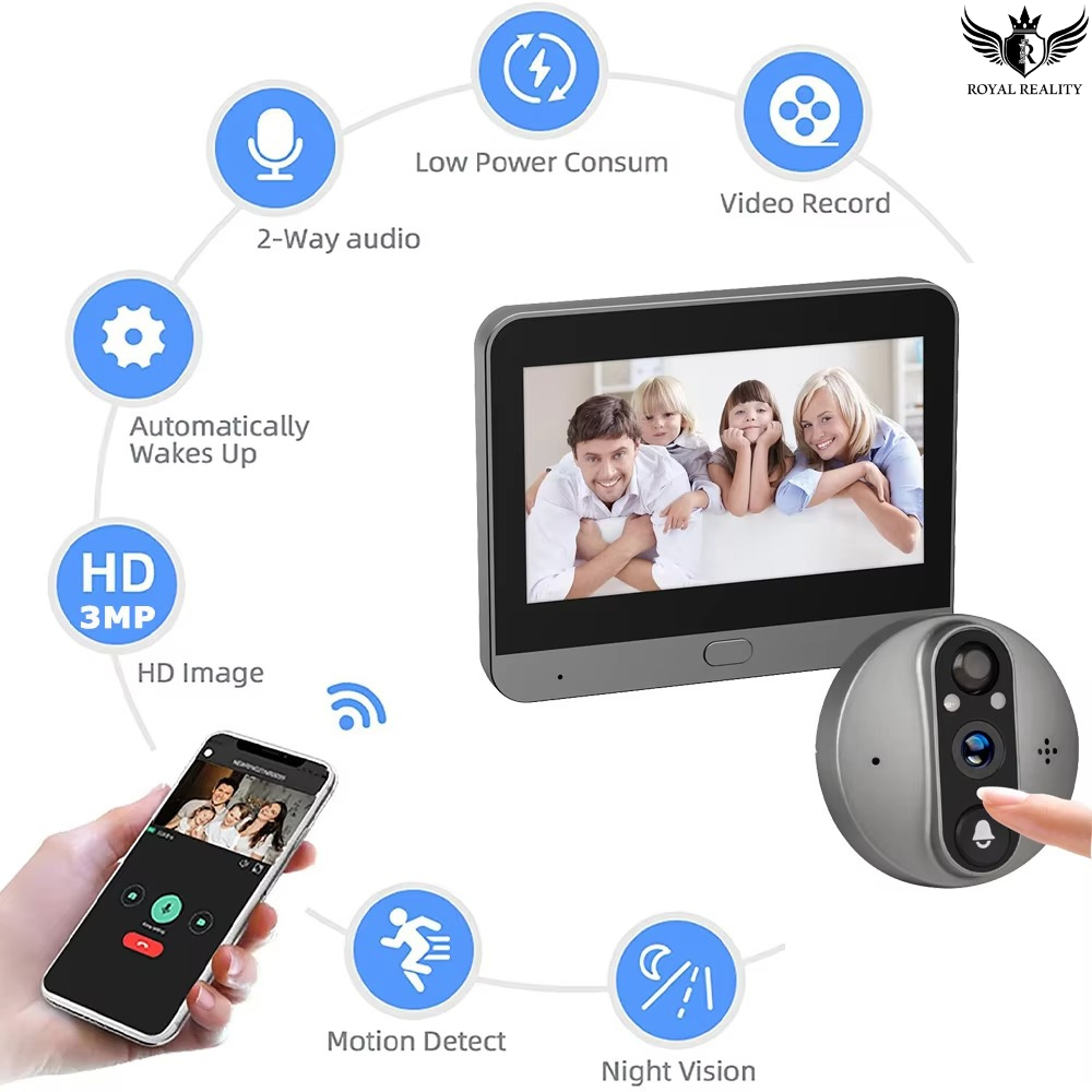 Smart home security system with monitor, camera, and smartphone app on a white background.
