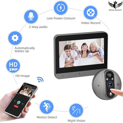 Smart home security system with monitor, camera, and smartphone app on a white background.