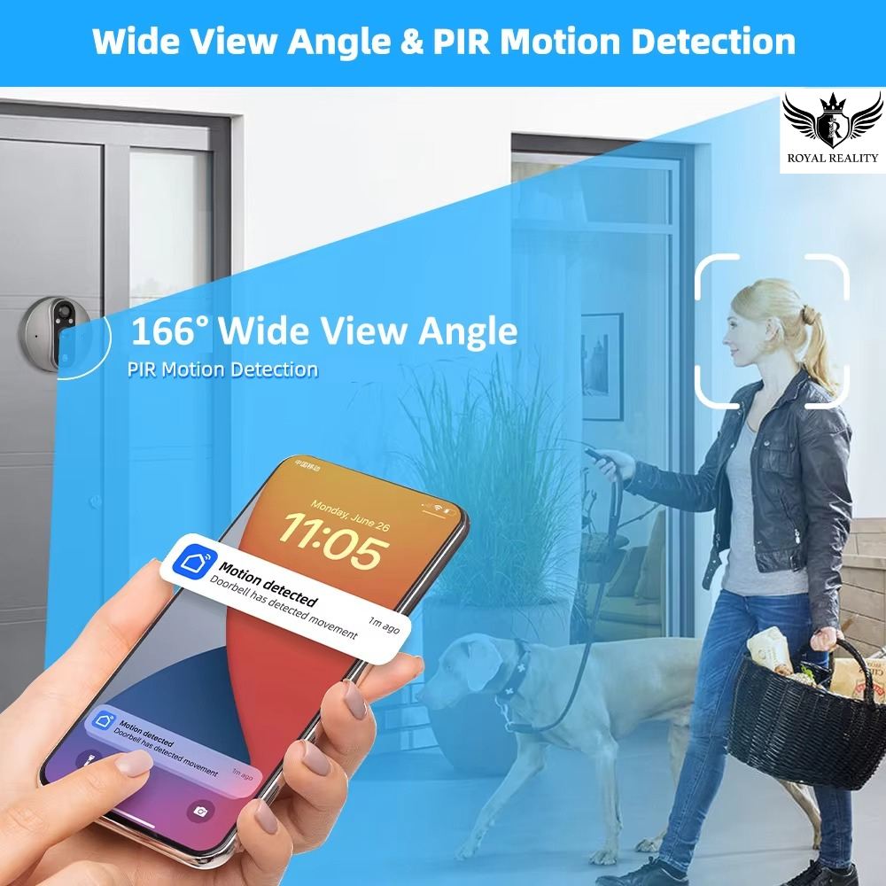 Smart home security system with wide view angle and PIR motion detection, showing a person using a phone with app notifications.