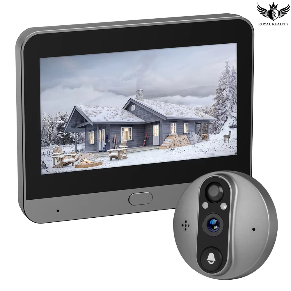 Digital doorbell with screen displaying a snowy house scene on a white background