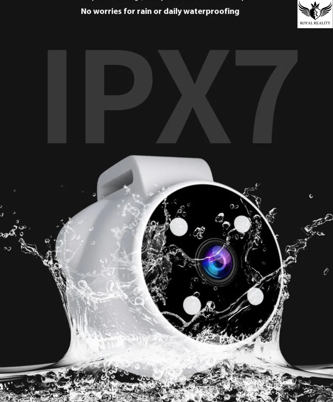 Smartwatch with water splashes on a black background, emphasizing waterproof feature.