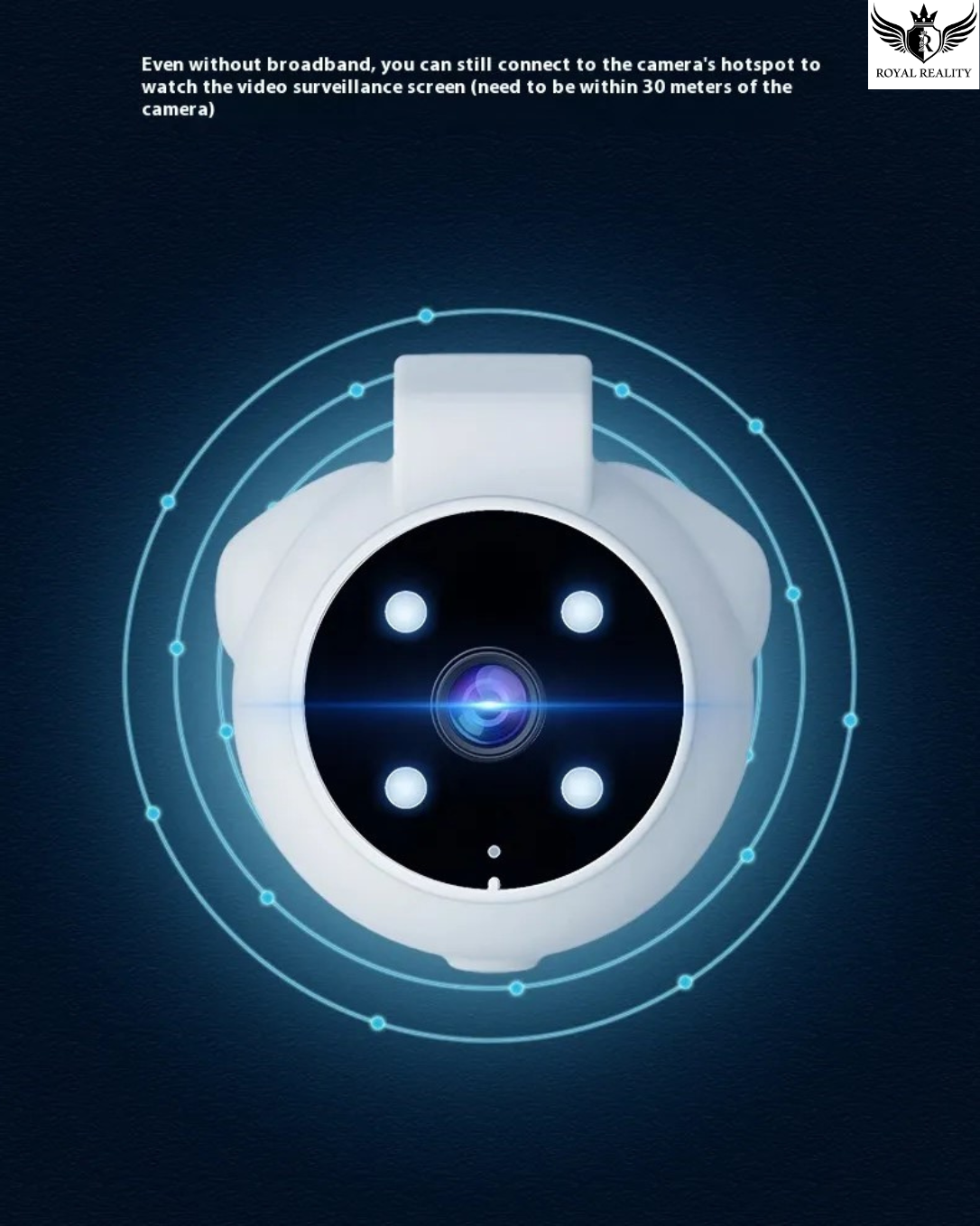 White security camera with blue light on a dark background