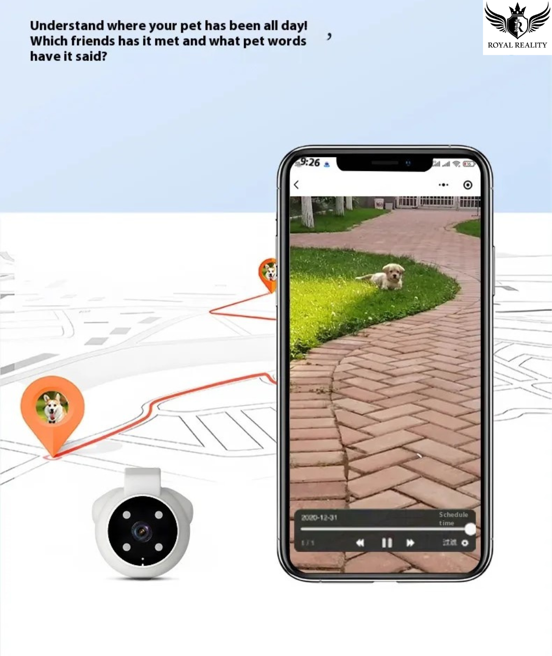 Smart pet tracker device with smartphone app showing a dog on a leash, and a map with a location marker.