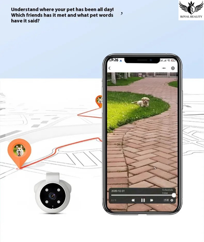 Smart pet tracker device with smartphone app showing a dog on a leash, and a map with a location marker.