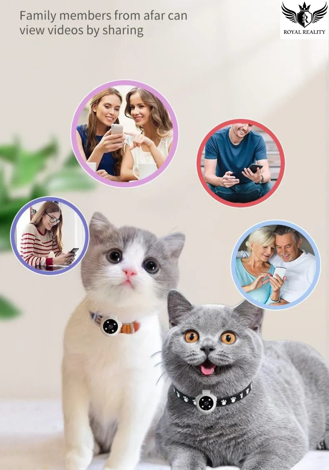 Two cats wearing collars with video sharing features, surrounded by family members using devices.