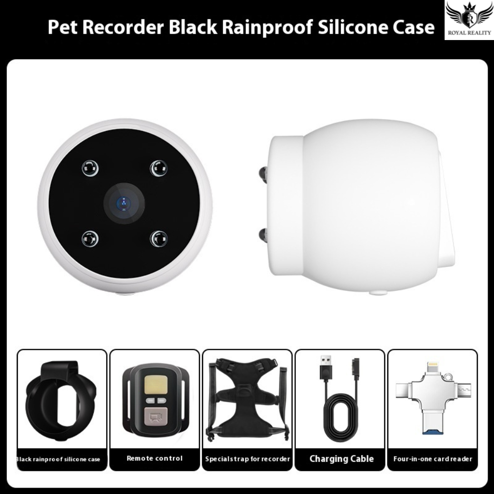 Pet recorder with rainproof silicone case and accessories on a white background