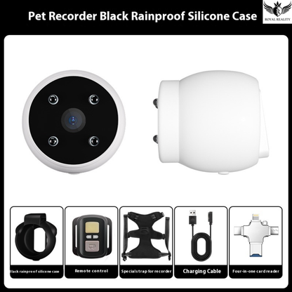 Pet recorder with rainproof silicone case and accessories on a white background