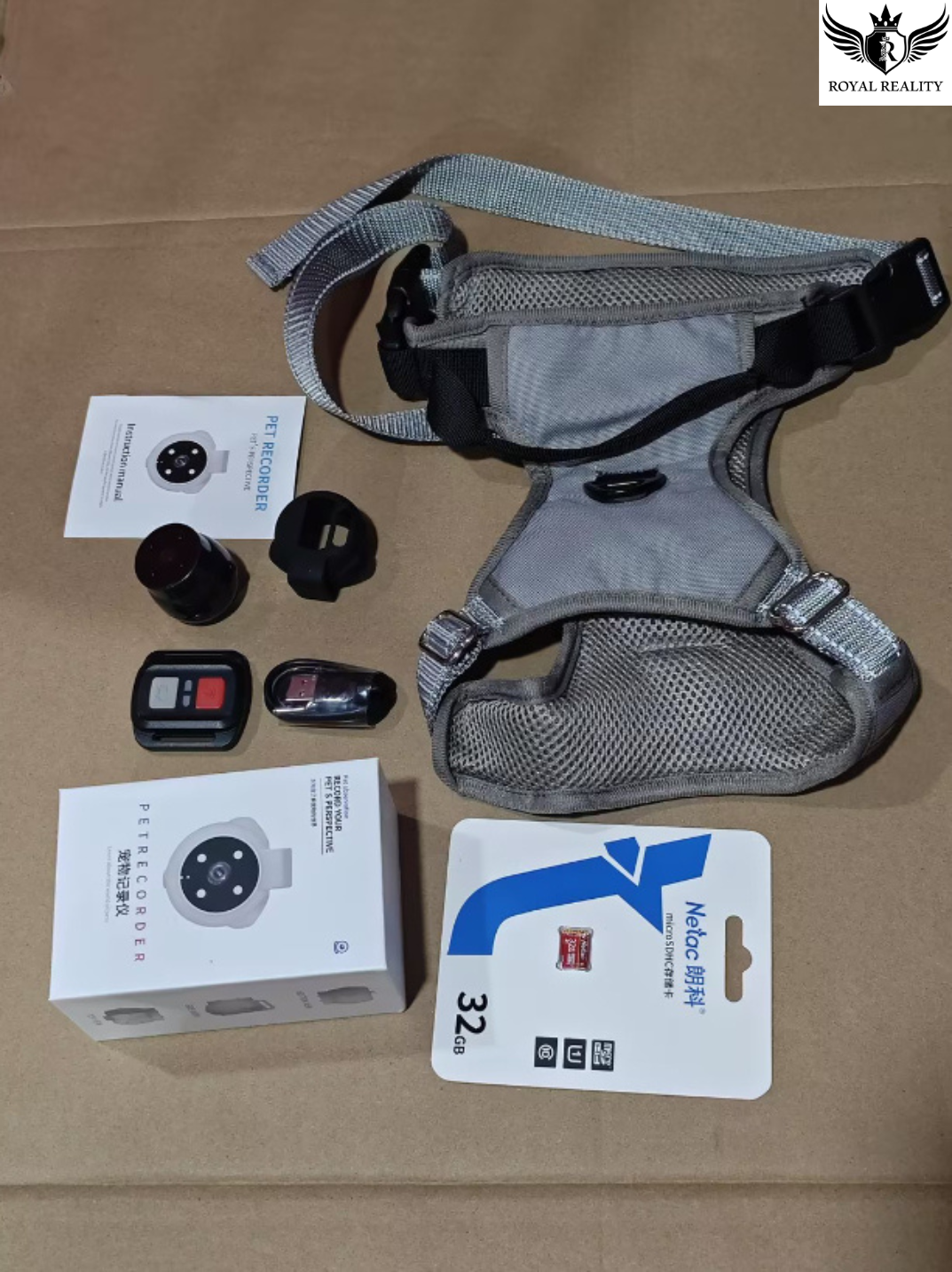 Dog harness and accessories on a cardboard surface with 'K9' branding.