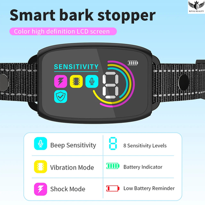 Smart bark stopper with digital display on a blue background