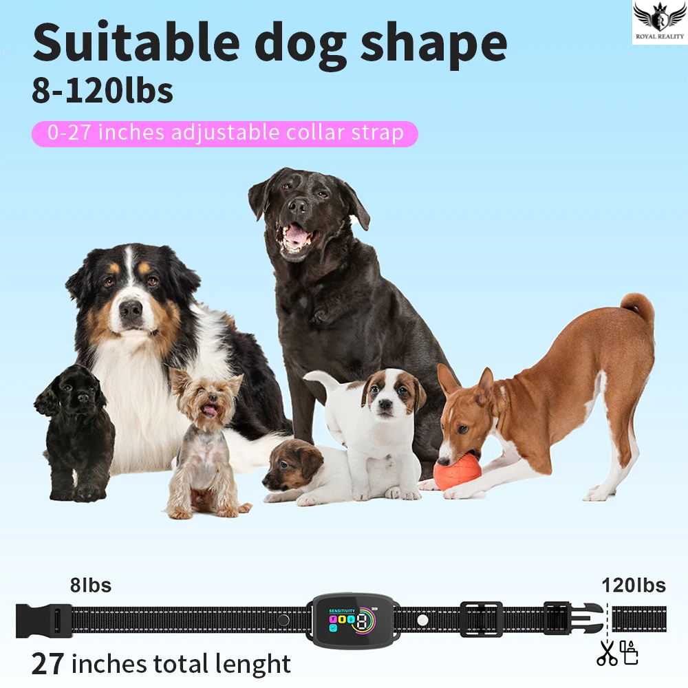 Dog collar with adjustable strap for dogs weighing 8-120 lbs, featuring a range of dog breeds.