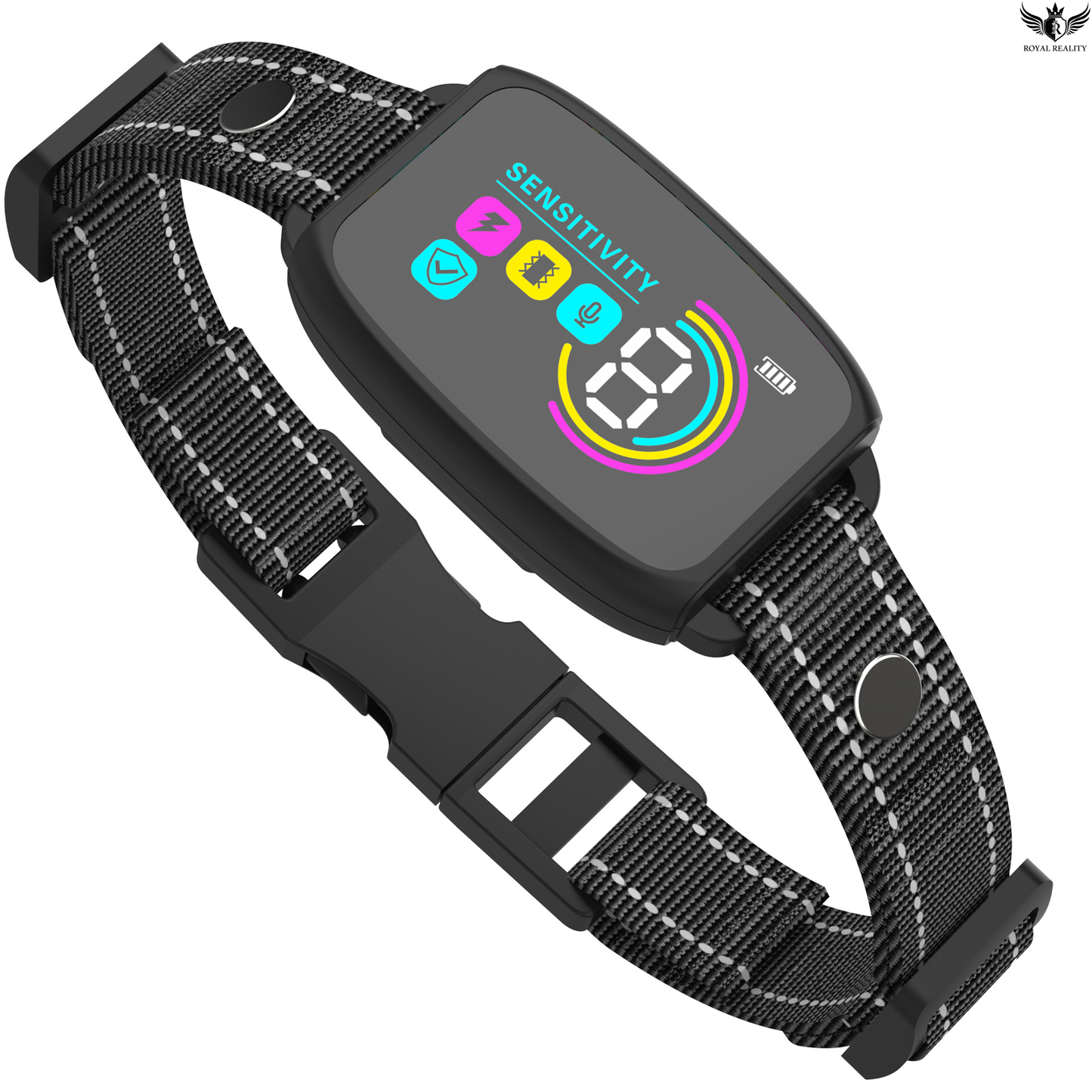 Black dog collar with digital display on a white background