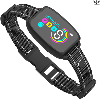 Black dog collar with digital display on a white background