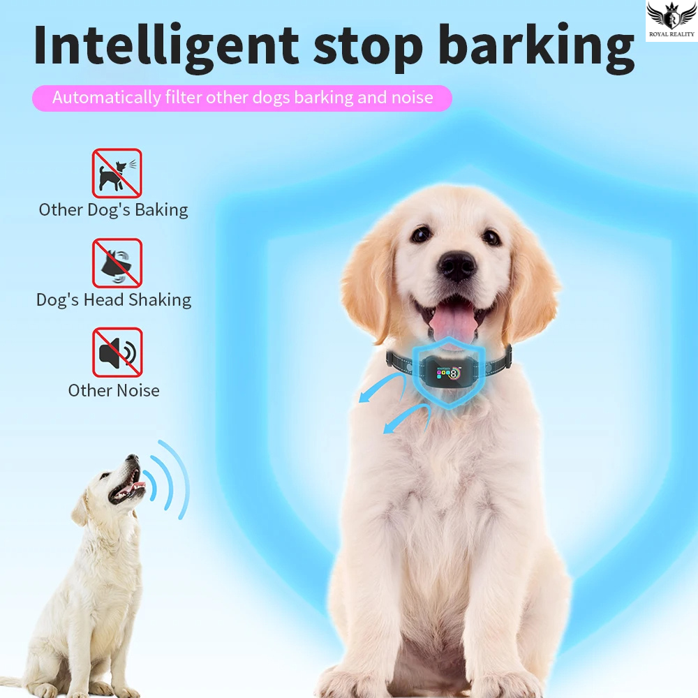 Dog wearing a collar with a screen displaying 'Intelligent stop barking' on a blue background.