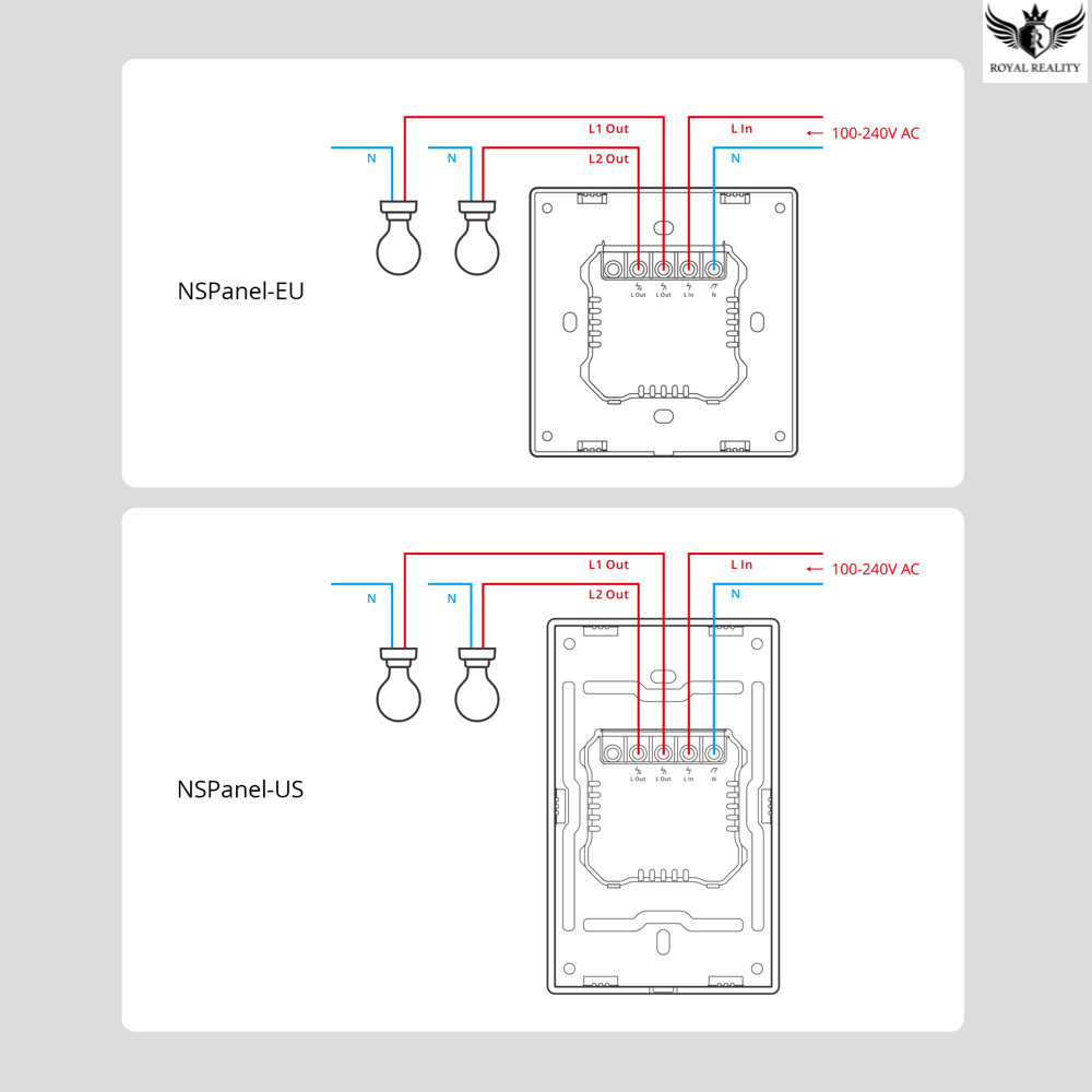 Wiring diagrams for NSPanel-EU and NSPanel-US on a light gray background.