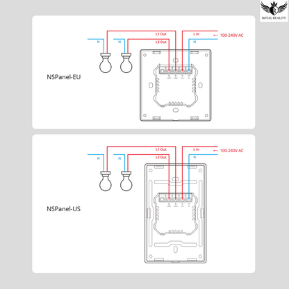 Wiring diagrams for NSPanel-EU and NSPanel-US on a light gray background.
