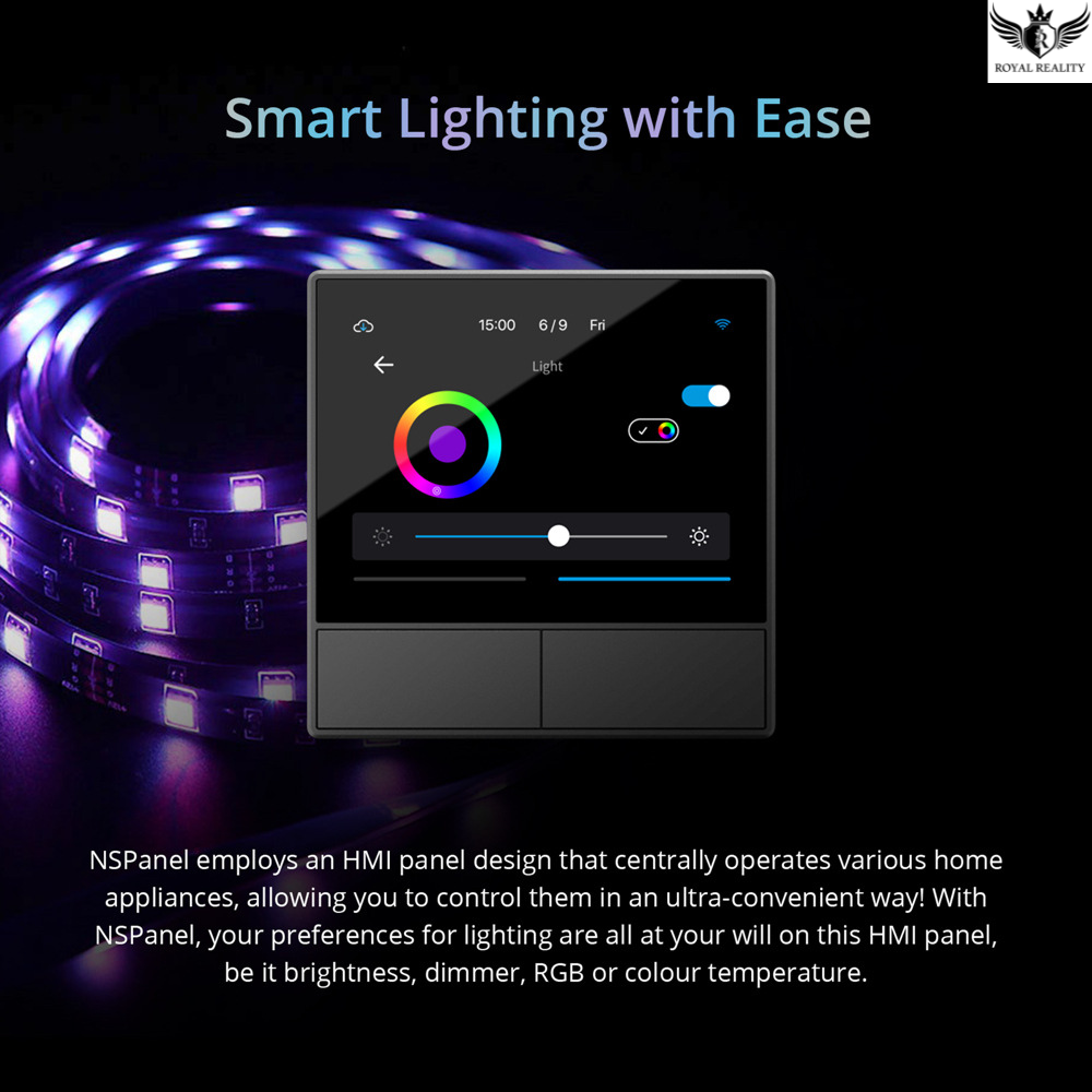 Smart lighting control panel with RGB LED strip on a dark background