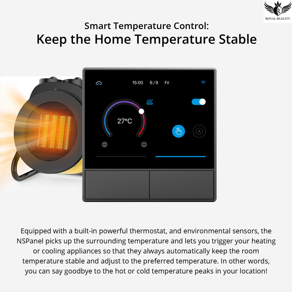 Smart temperature control panel with heating element and text about home temperature stability.