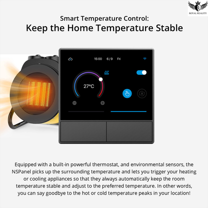 Smart temperature control panel with heating element and text about home temperature stability.