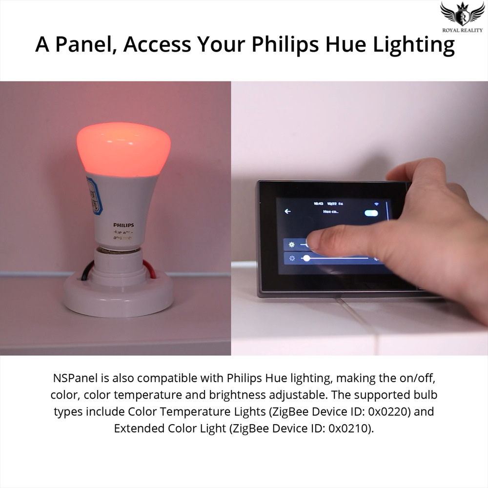 Philips Hue light bulb and a control panel with text about compatibility and features.