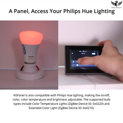 Philips Hue light bulb and a control panel with text about compatibility and features.