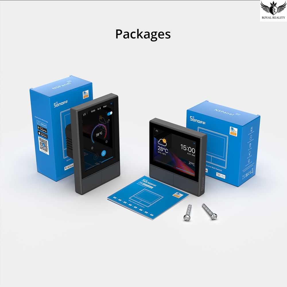 Smart display device with packaging and accessories on a white background