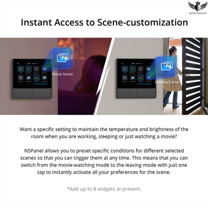 Smart home control panel with scene customization options on a white background