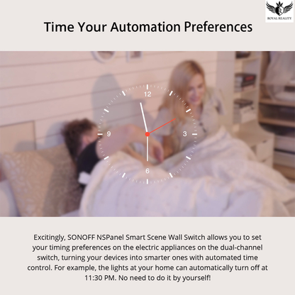 Advertisement for SONOFF NSPanel Smart Scene Wall Switch with a couple in bed and a clock overlay.