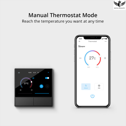 Smart thermostat and smartphone app interface on a white background