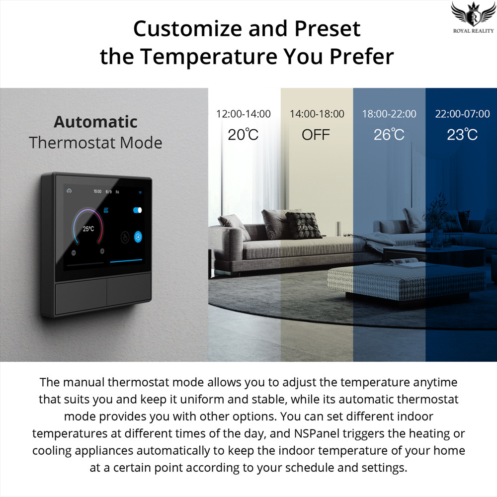 Thermostat with temperature display in a living room setting, showing customizable temperature settings.