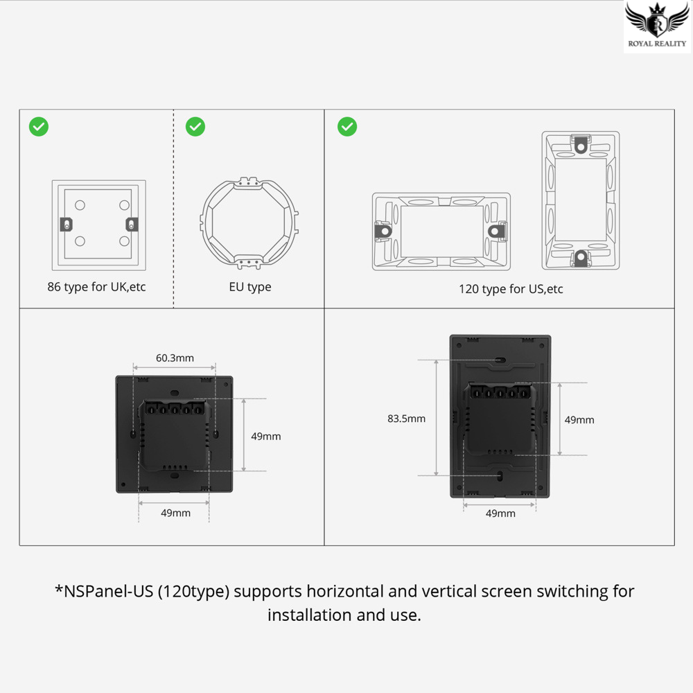 Diagram showing different types of wall sockets with dimensions and compatibility information.