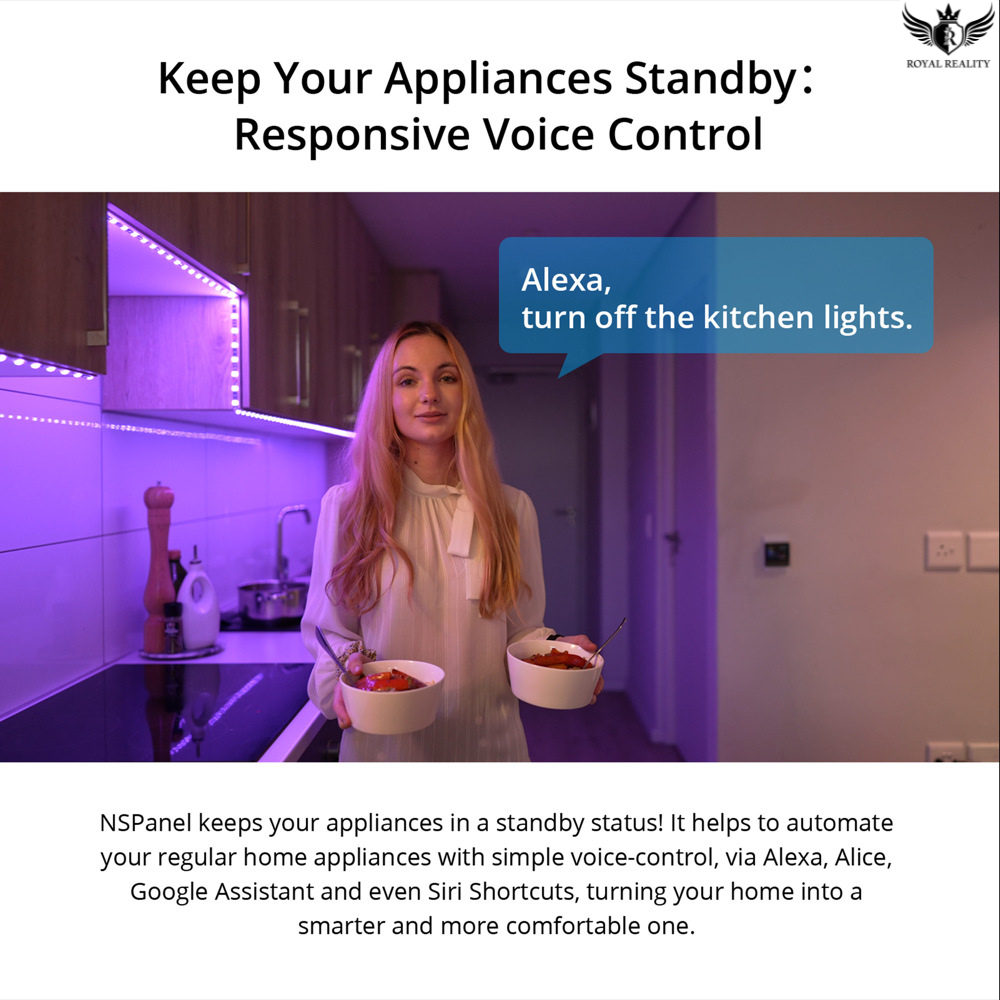 Woman in a kitchen using voice control to turn off lights, with text about responsive voice control for appliances.