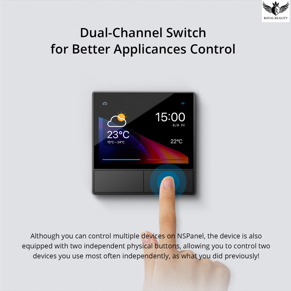 Smart control panel with digital display and touch button, featuring text about dual-channel switch functionality.