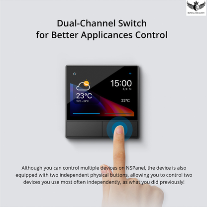 Smart control panel with digital display and touch button, featuring text about dual-channel switch functionality.