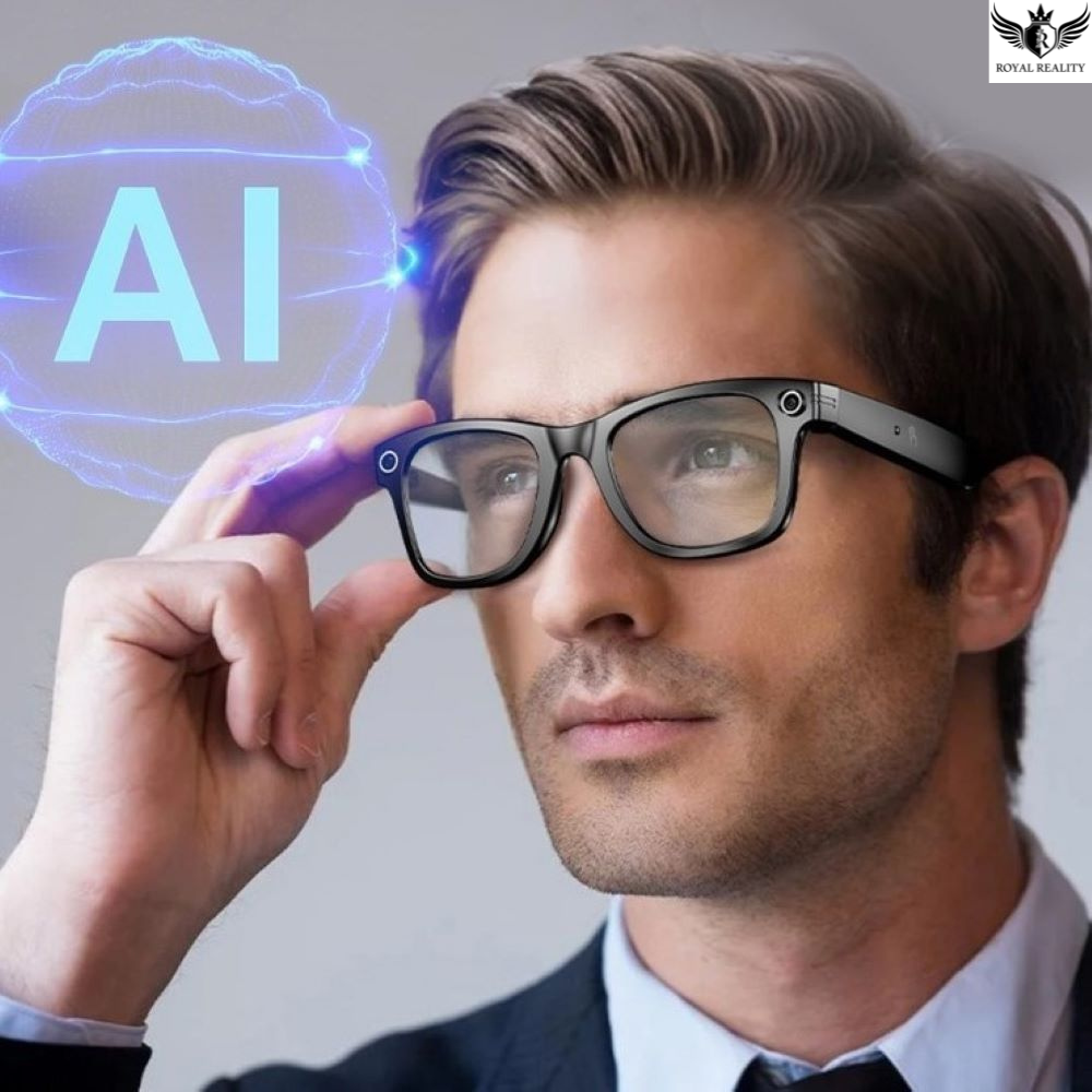 Man wearing glasses with an AI symbol projected in the background
