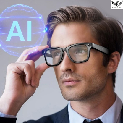 Man wearing glasses with an AI symbol projected in the background