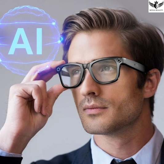 Man wearing glasses with an AI symbol projected in the background