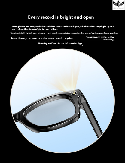 Smart glasses with real-time status indicator lights on a black background