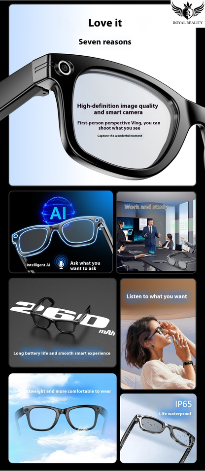 Promotional image of smart glasses with features listed and a person wearing them.