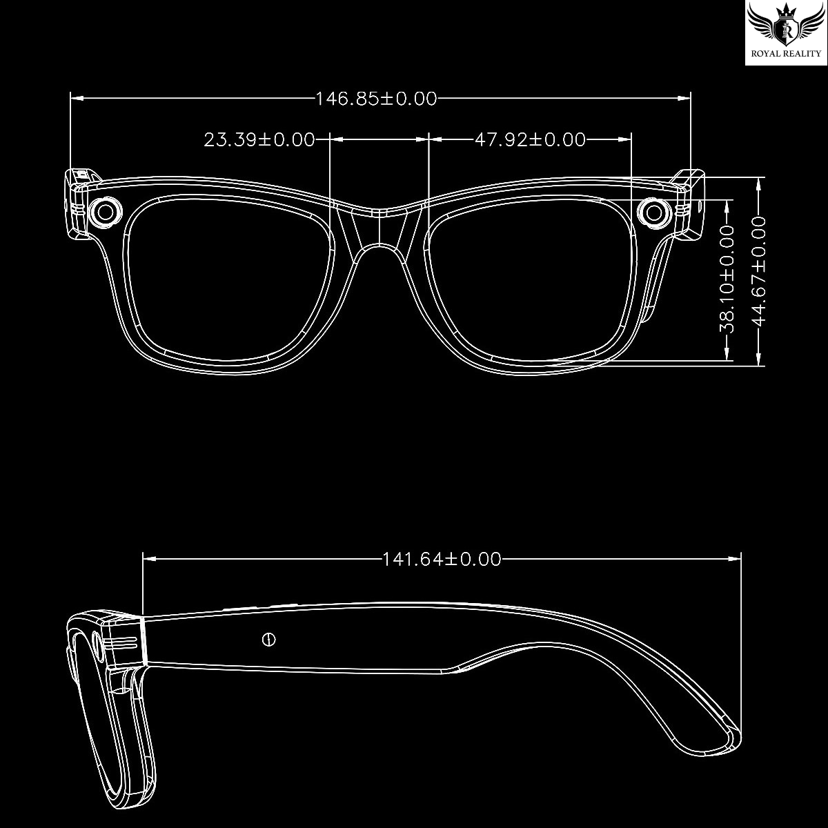 Technical drawing of a pair of glasses with dimensions on a black background