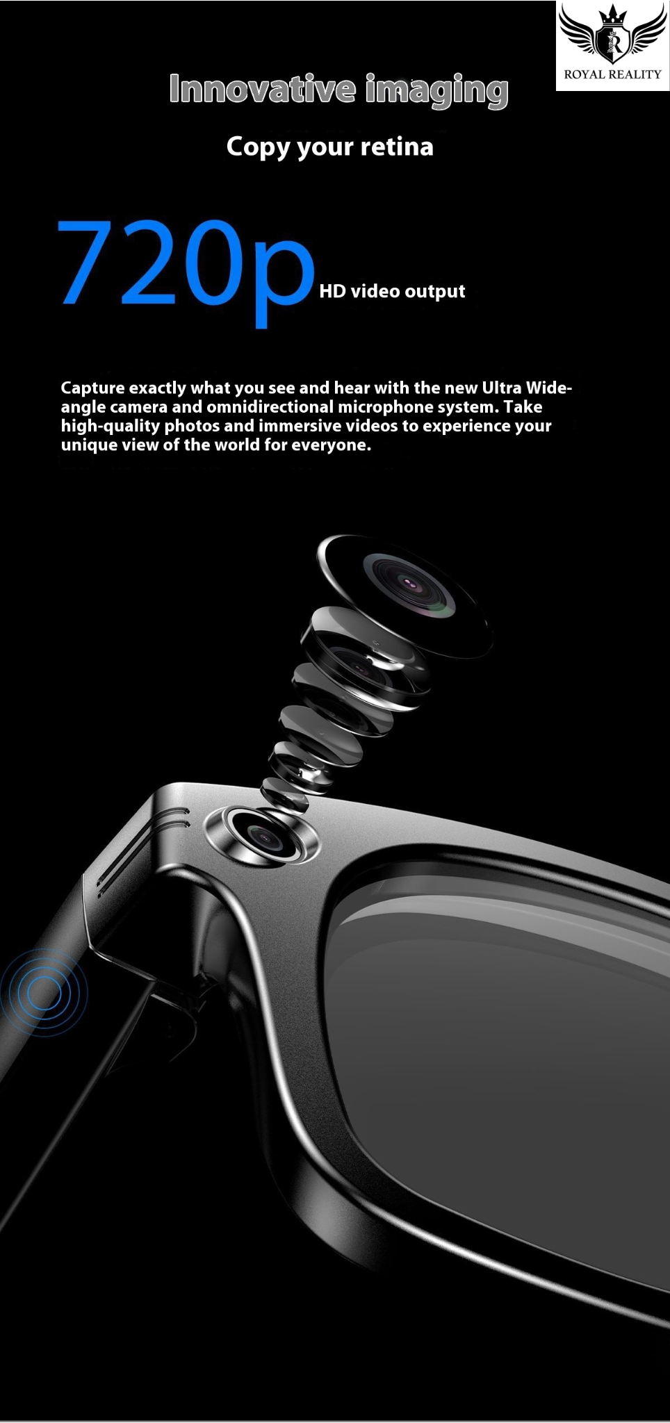 Glasses with camera lens on a black background, featuring text about innovative imaging technology.