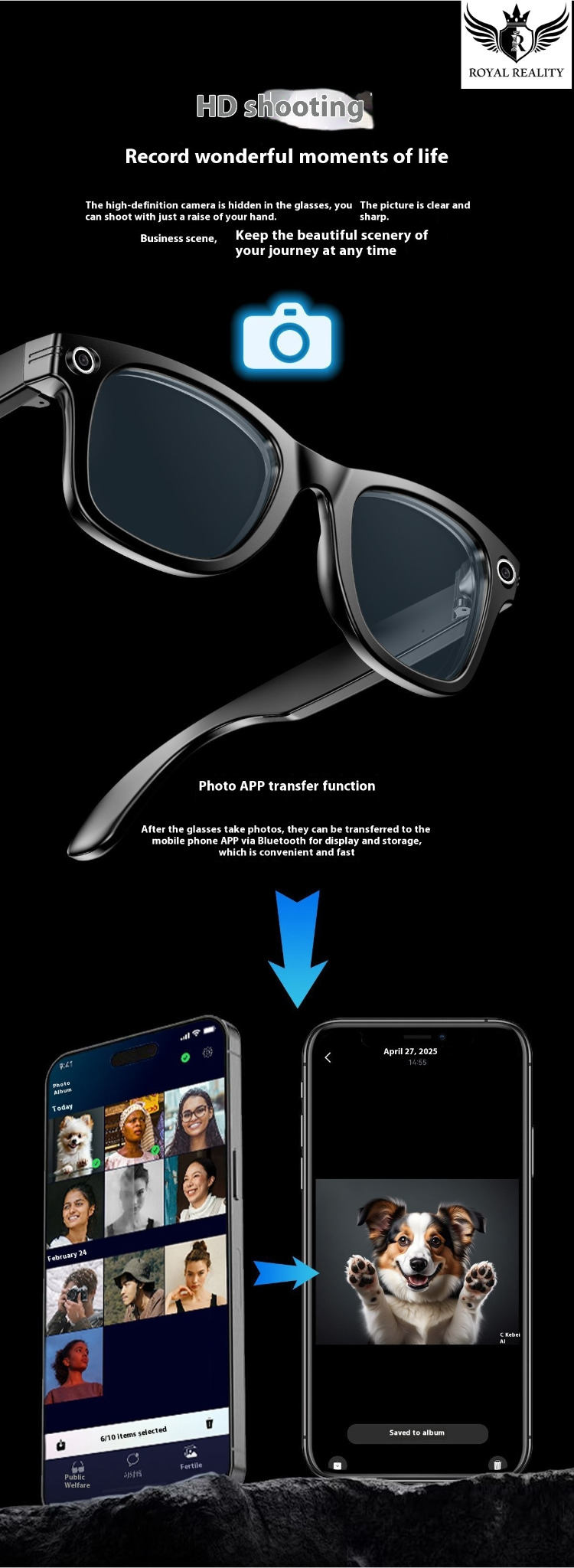 Sunglasses with a camera lens, smartphone app interface, and text on a black background