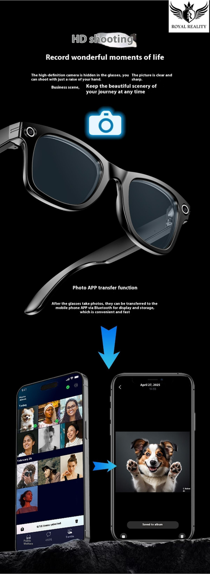 Sunglasses with a camera lens, smartphone app interface, and text on a black background