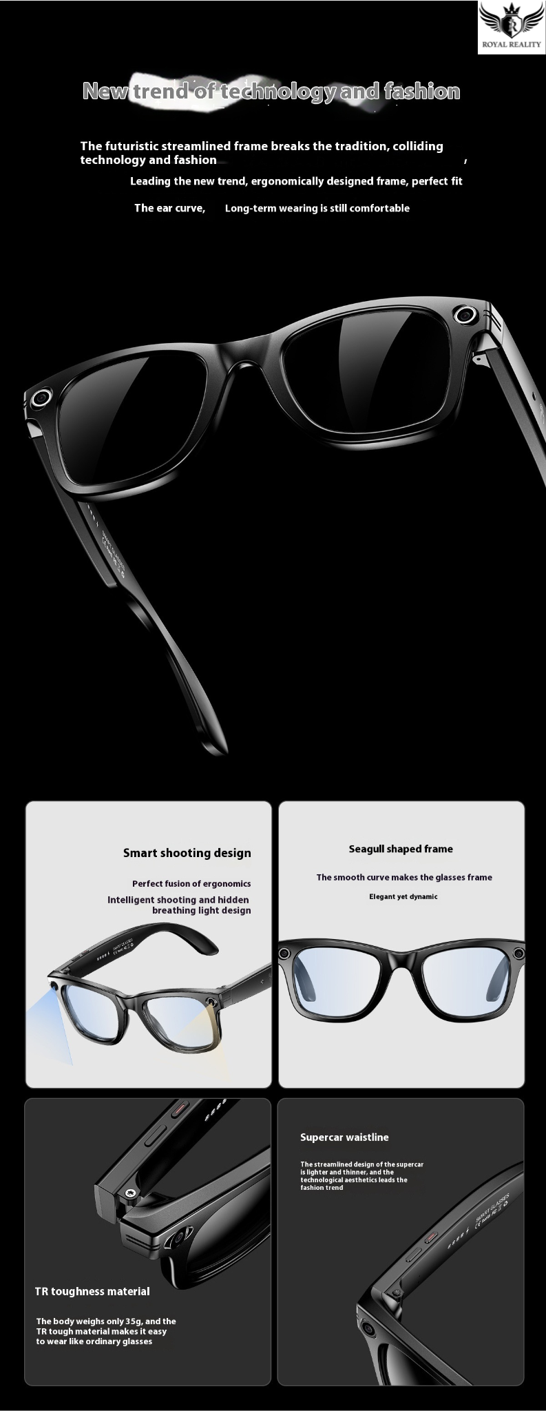 Black sunglasses with features highlighted on a dark background